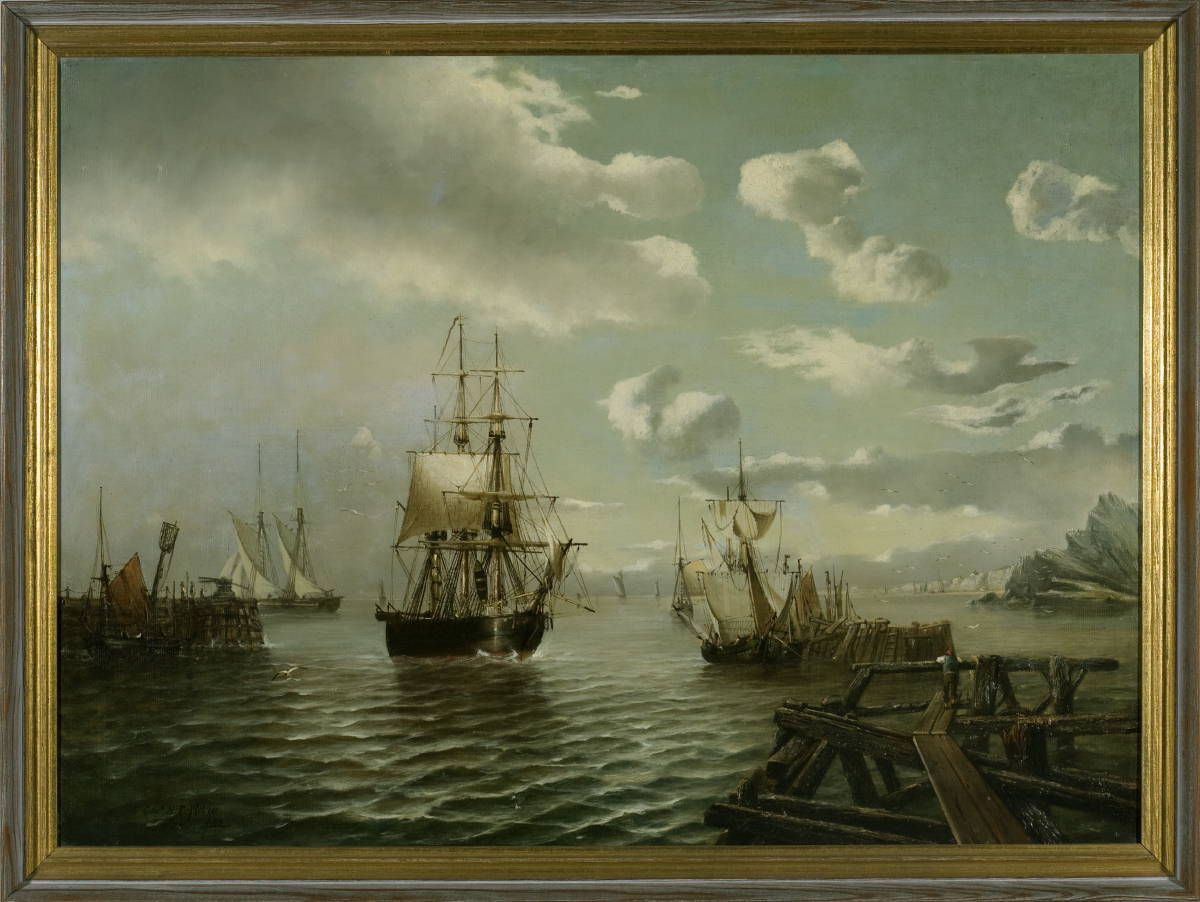 Appraisal: FISHING FLEET IN A NORTH ATLANTIC HARBOR Oil on canvas