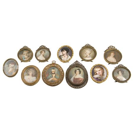 Appraisal: Group of Framed Portrait Miniatures Comprising six oval examples and