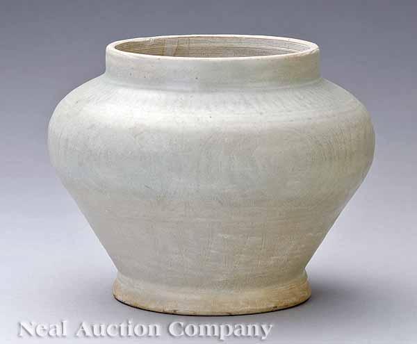 Appraisal: An Antique Chinese Celadon Squat-Form Baluster Jar th c probably