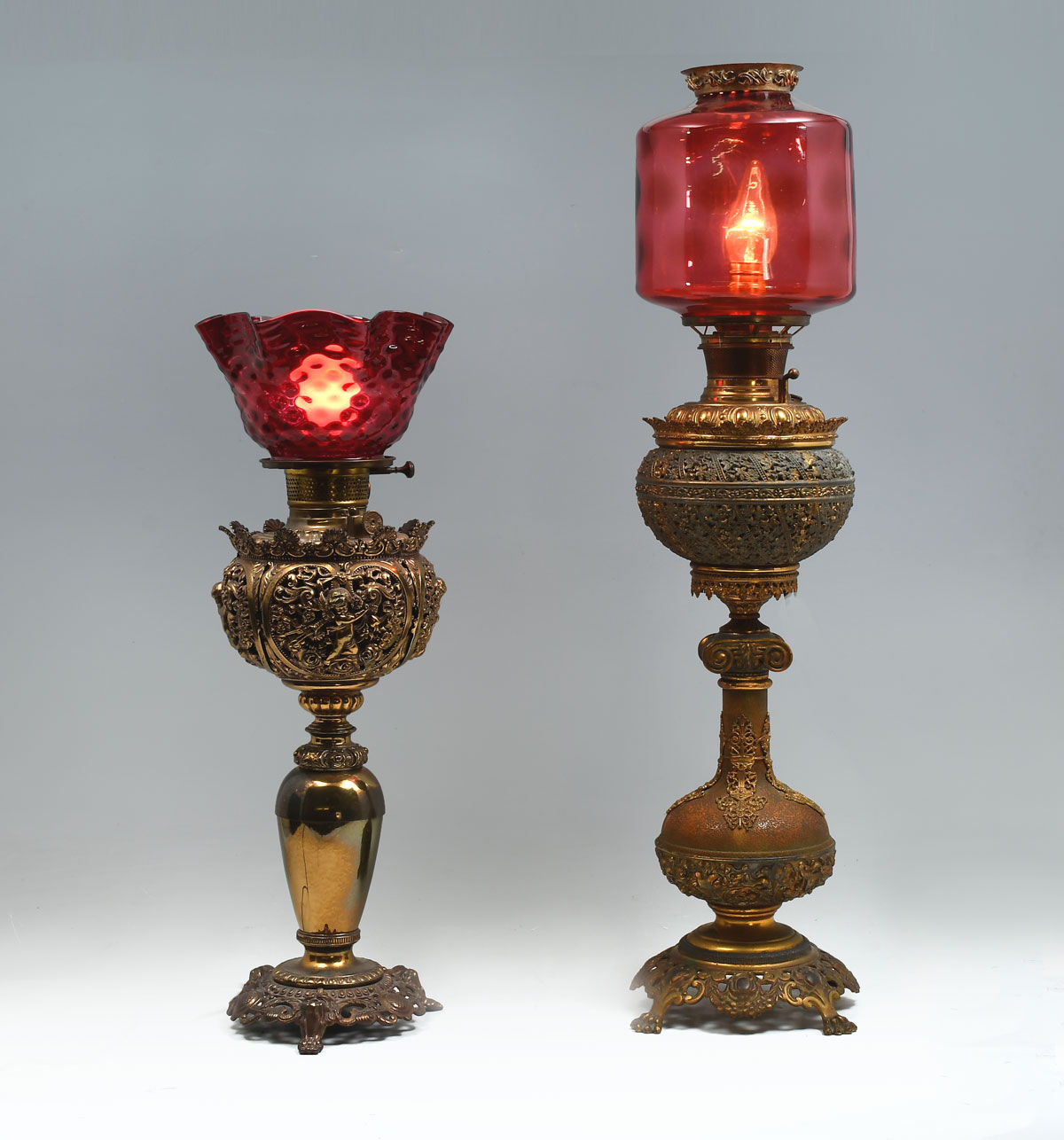 Appraisal: PC BRASS CRANBERRY GLASS BANQUET LAMP - Art nouveau banquet