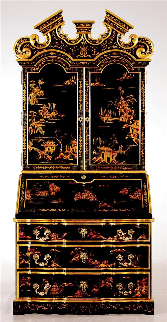 Appraisal: Queen Anne style black lacquer and chinoiserie bureau bookcase exaggerated