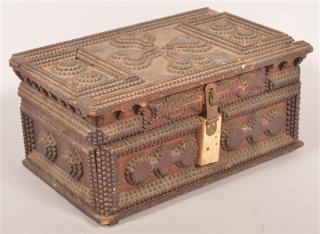 Appraisal: th Century Tramp Art Hinged Lid Box Two slide-out compartments