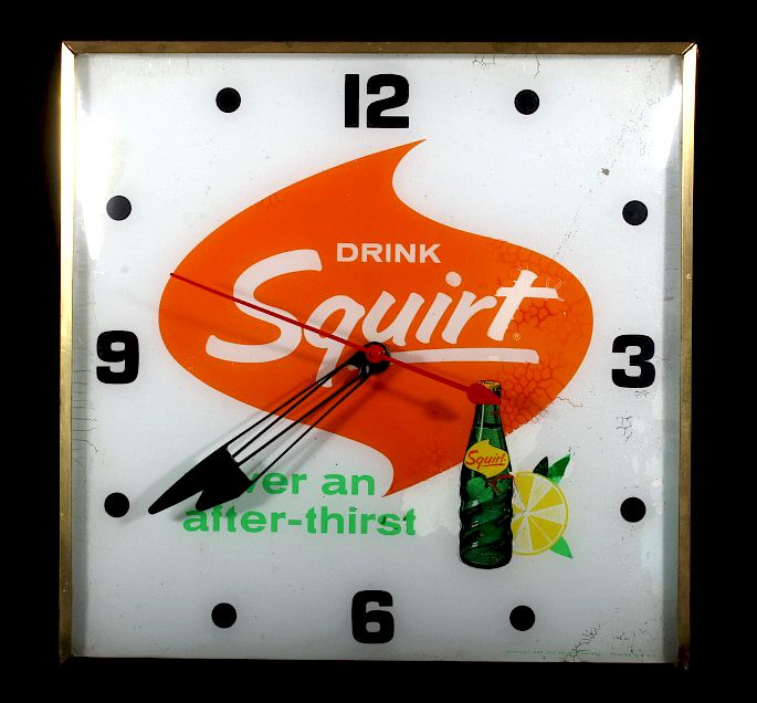 Appraisal: Vintage Analog Squirt Soda Advertising Clock For bidding in this