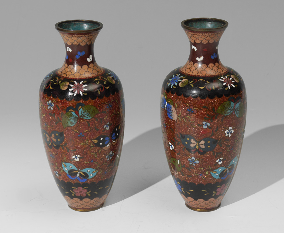 Appraisal: PAIR OF JAPANESE GOLD FLECK CLOISONNE VASES Flared neck and