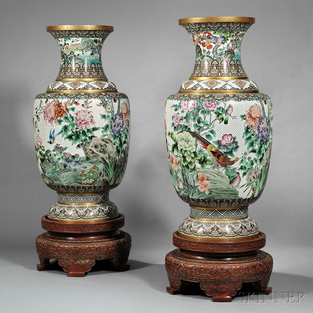 Appraisal: Pair of Monumental Cloisonne Vases and Wood Stands China th