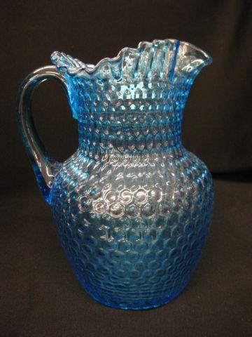 Appraisal: Blue Art Glass Water Pitcher inverted honeycomb crimped tri-corner excellent