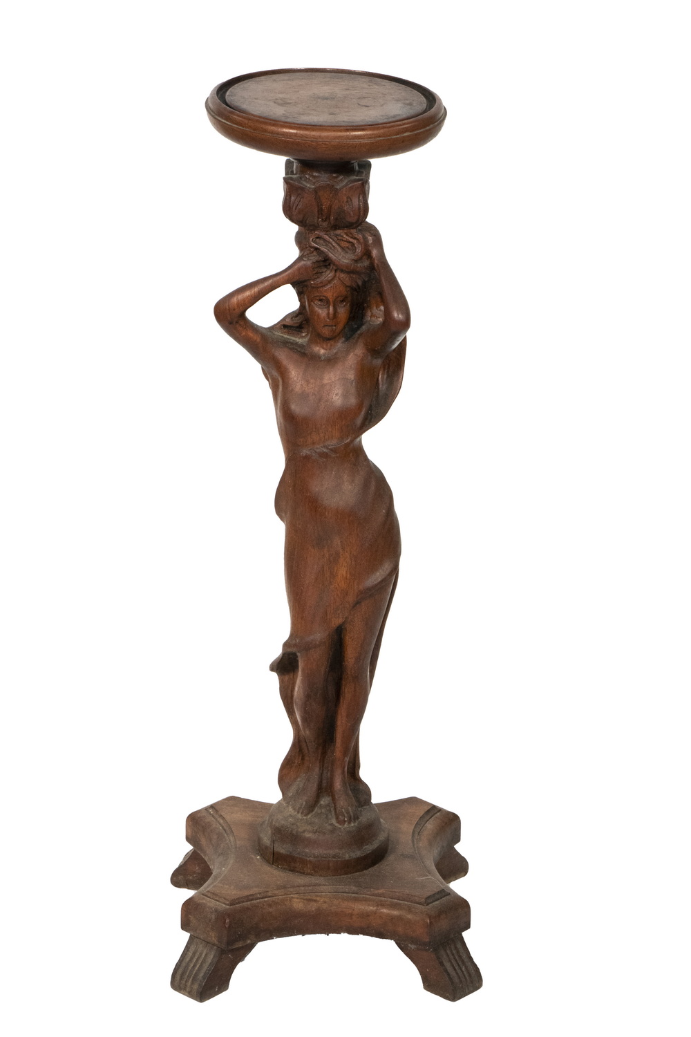 Appraisal: CARVED FOLK ART FIGURAL CANDLESTAND Mahogany Naive Standing Classical Figure