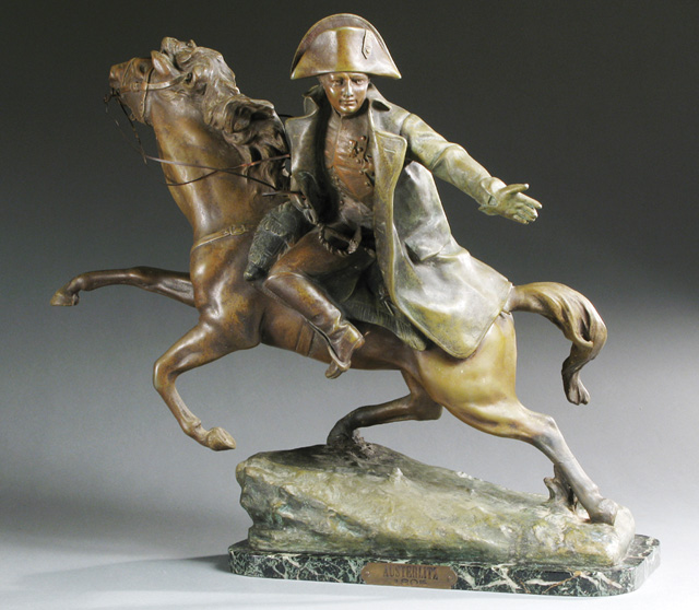 Appraisal: FRENCH SPELTER FIGURE OF NAPOLEON leaning from galloping horse arm