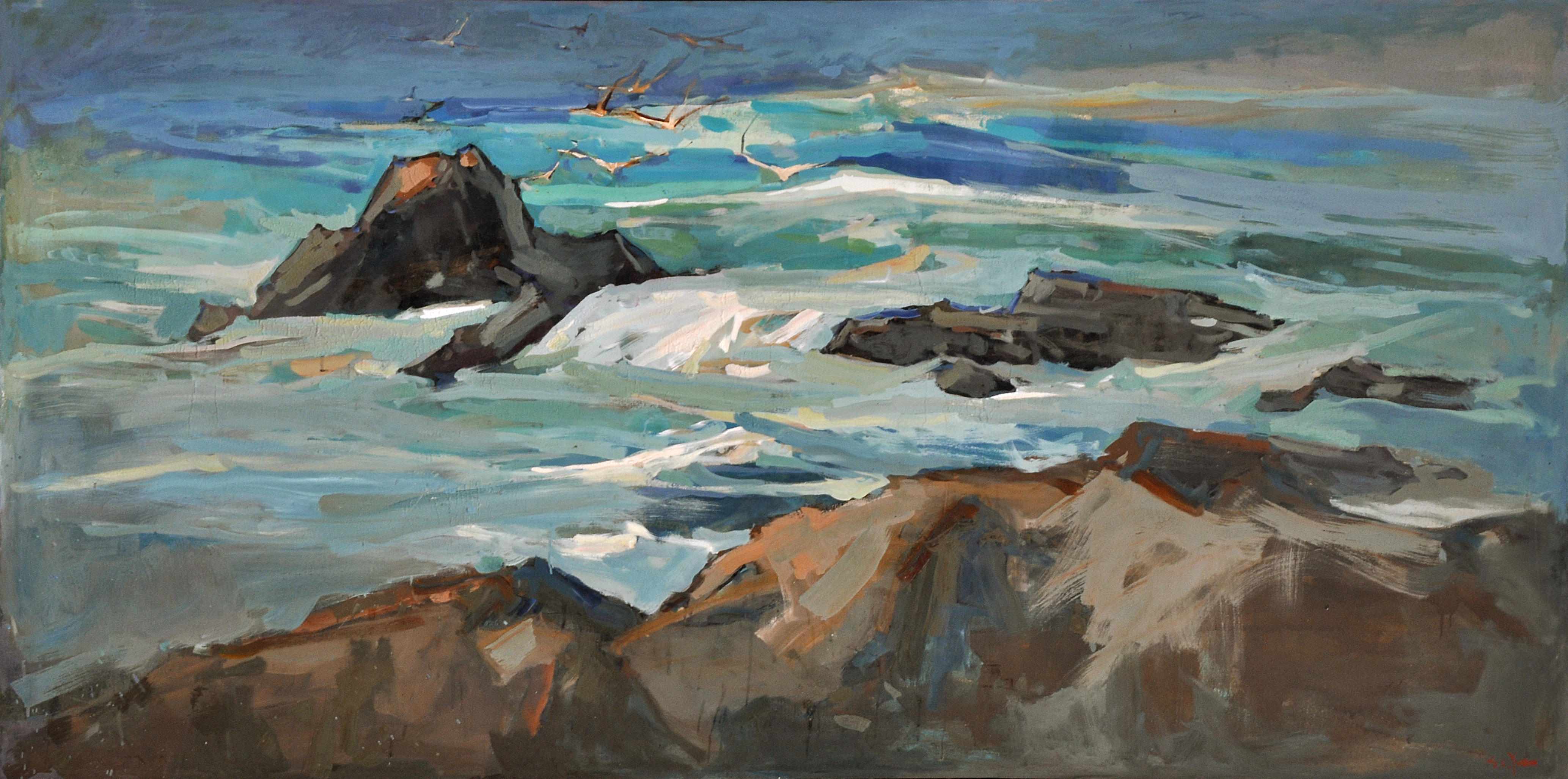 Appraisal: Si Chen Yuan - Coastal rocks with gulls hovering signed