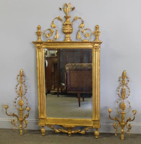 Appraisal: Carved and Giltwood Mirror together with a Pair ofGiltwood Sconces