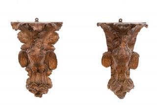 Appraisal: Pair th C Black Forest Carved Wood Wall Brackets German