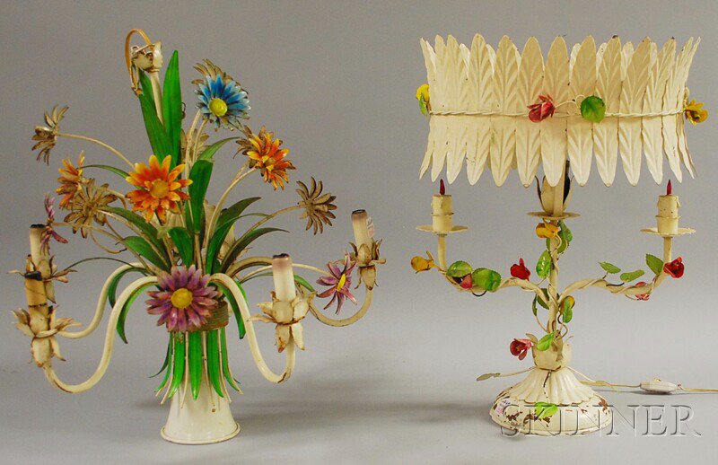 Appraisal: Two Pieces of Vintage Italian Polychrome-painted Metal Floral-form Lighting a