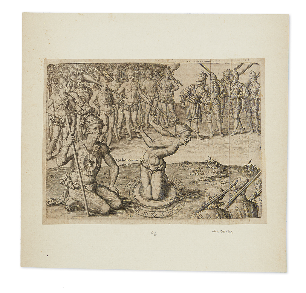 Appraisal: AMERICAN INDIANS--PRINTS Group of cropped engravings from De Bry's Beschreibung