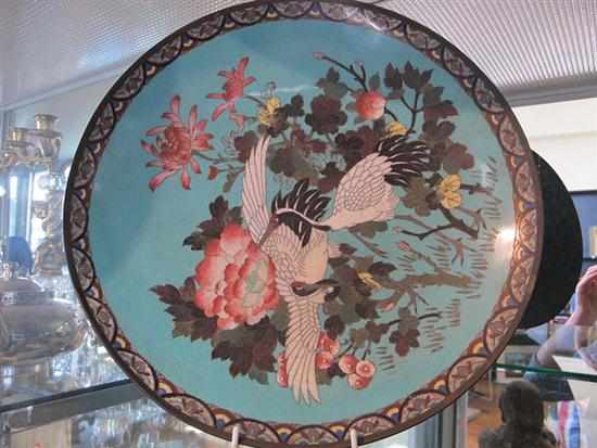 Appraisal: JAPANESE CLOISONNE STORK DECORATED CHARGER ALL FAULTS