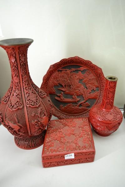 Appraisal: COLLECTION OF FOUR CINNABAR STYLE ITEMS INCL LIDDED BOX VASES