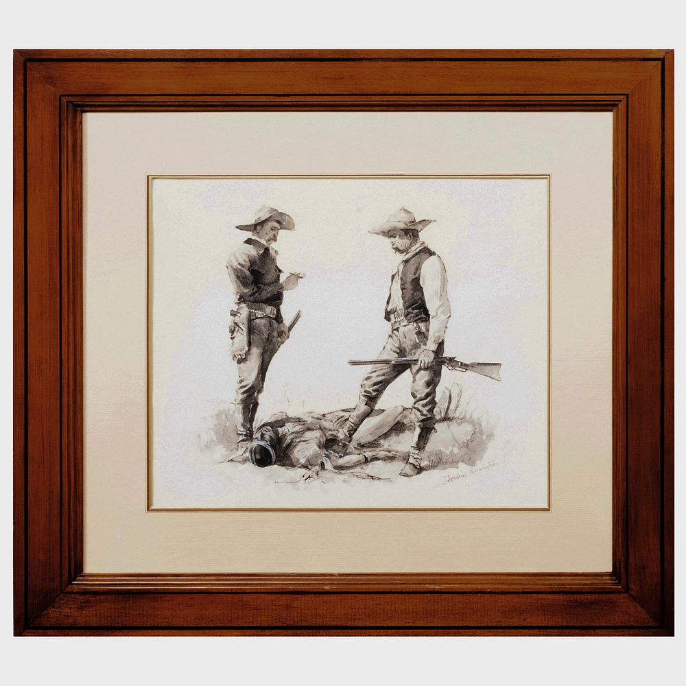 Appraisal: Frederic Sackrider Remington - Searching the Slain Ink wash and