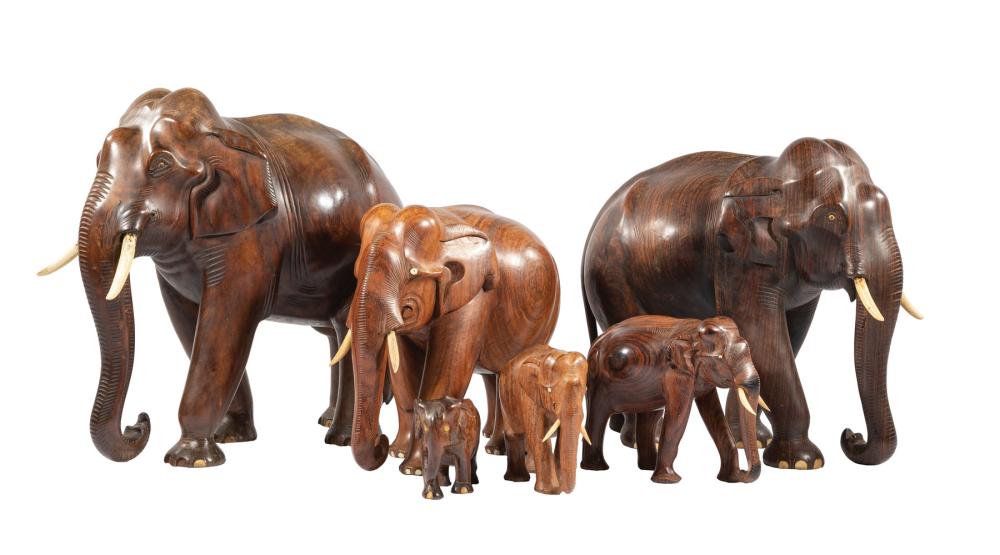 Appraisal: Six Asian Carved Hardwood Figures of Elephants several with inset