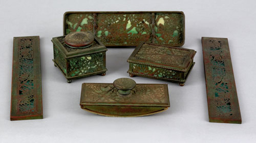 Appraisal: Tiffany Studios bronze and slag glass desk set in the