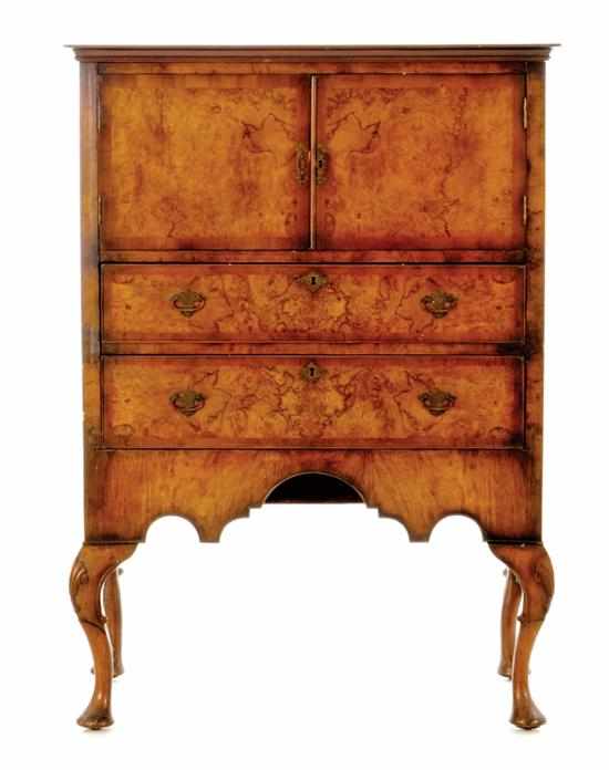 Appraisal: Queen Anne style burl walnut cabinet rectangular top and molded