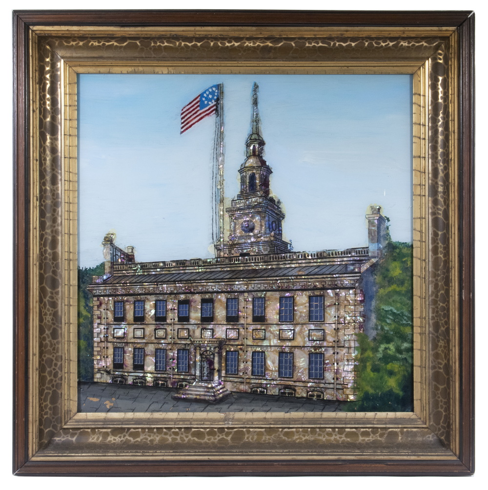 Appraisal: LARGE REVERSE GLASS PAINTING OF INDEPENDENCE HALL PHILADELPHIA Centennial Souvenir