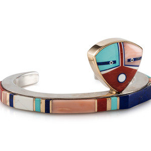 Appraisal: Jesse Monongya Hopi-Din b Silver and Mosaic Inlay Bracelet with