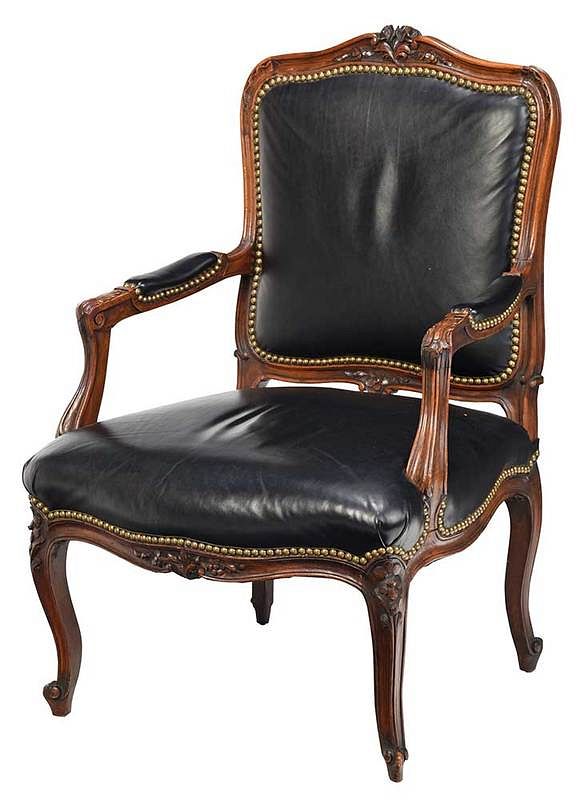 Appraisal: Provincial Louis XV Style Black Leather Armchair French th century