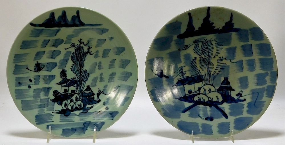 Appraisal: PC Chinese Blue White Porcelain Scenic Plates China Qing Dynasty