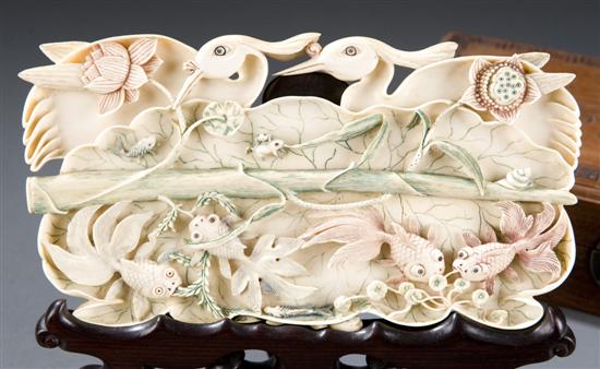 Appraisal: Chinese carved ivory plaque with presentation stand and box Carved