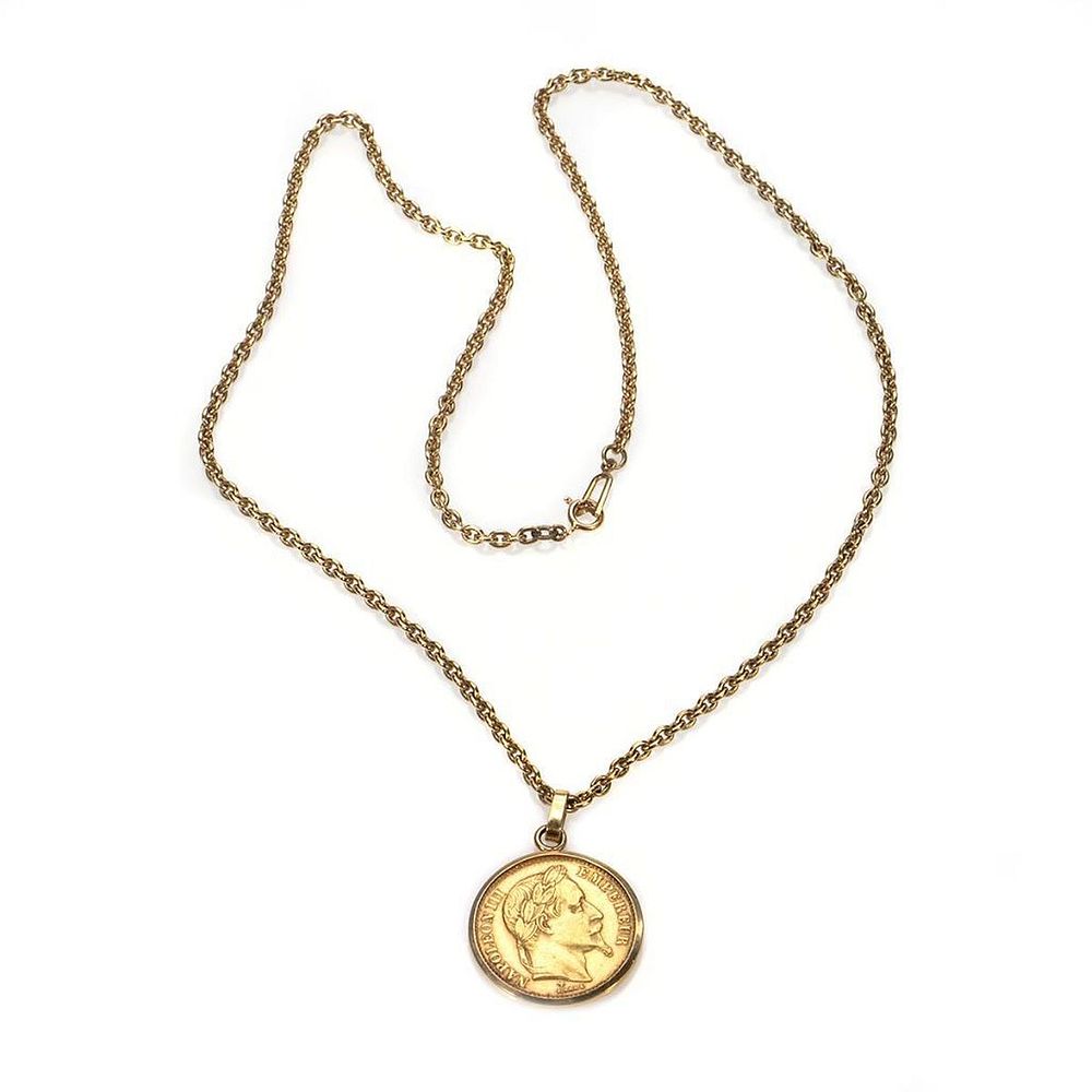 Appraisal: Gold coin and gold pendant with chain featuring an Napoleon