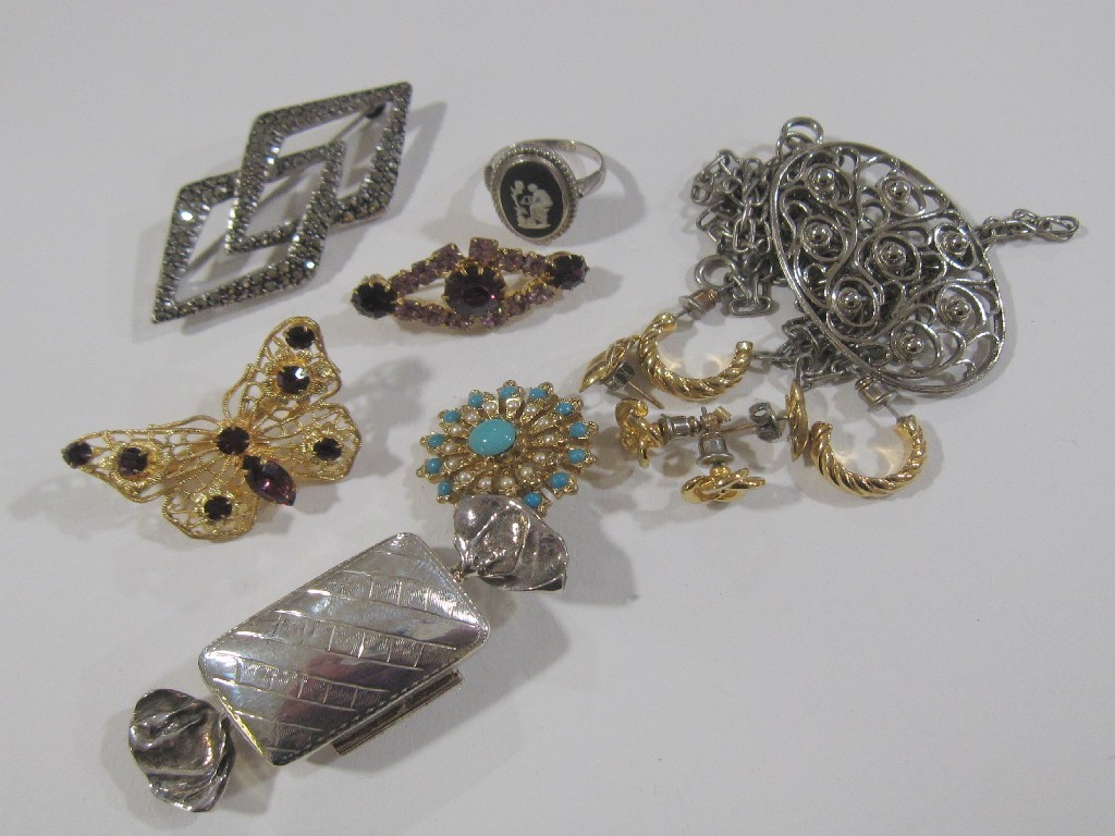 Appraisal: Lot comprising silver and marcasite brooch silver pill box in