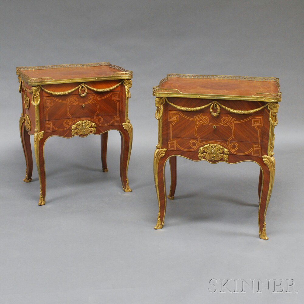 Appraisal: Pair of Small Louis XV-style Ormolu-mounted Tulipwood Commodes the shaped