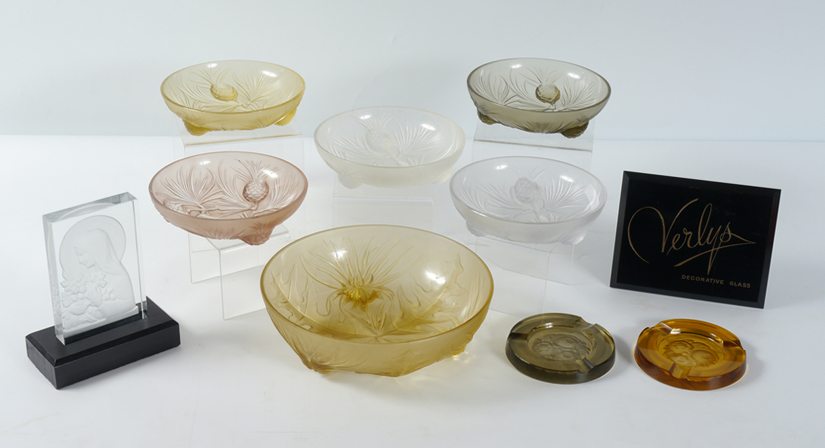 Appraisal: NICE COLLECTION OF VERLYS GLASS Amber Thistle bowl '' dia