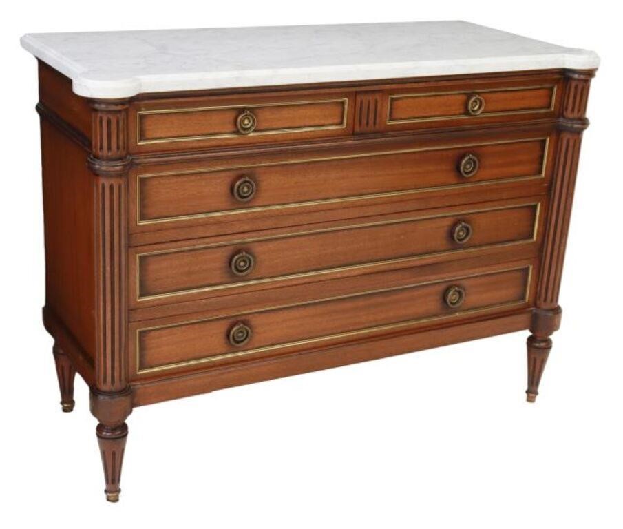 Appraisal: French Louis XVI style mahogany commode th c shaped marble