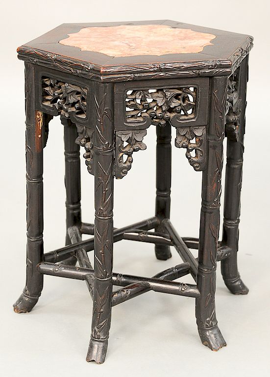 Appraisal: Chinese hardwood stand with shaped inset marble six sided small