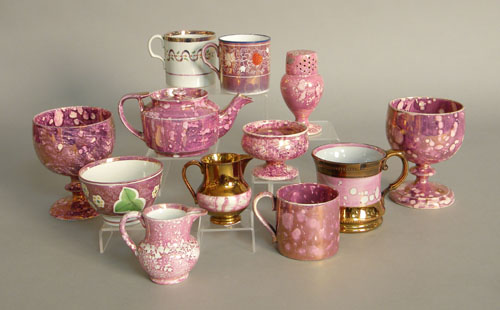 Appraisal: Group of pink Sunderland luster including a shaker mugs miniature