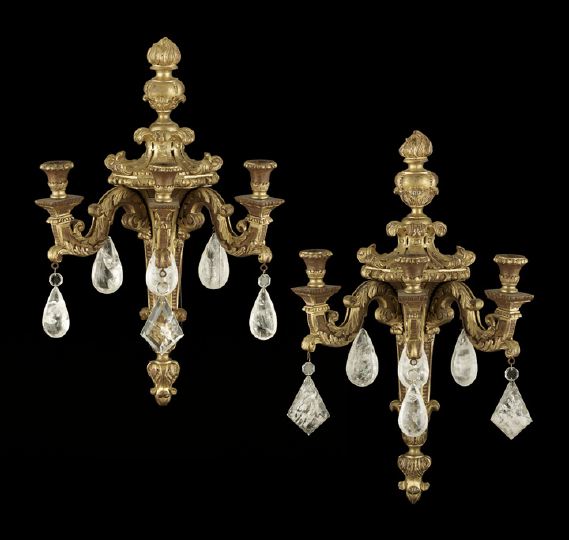 Appraisal: Pair of French Giltwood and Crystal Three-Light Appliques in the