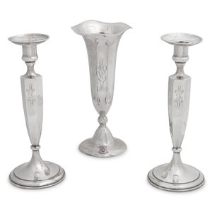 Appraisal: Shreve Co Weighted Silver Candlesticks and Vase American San Francisco