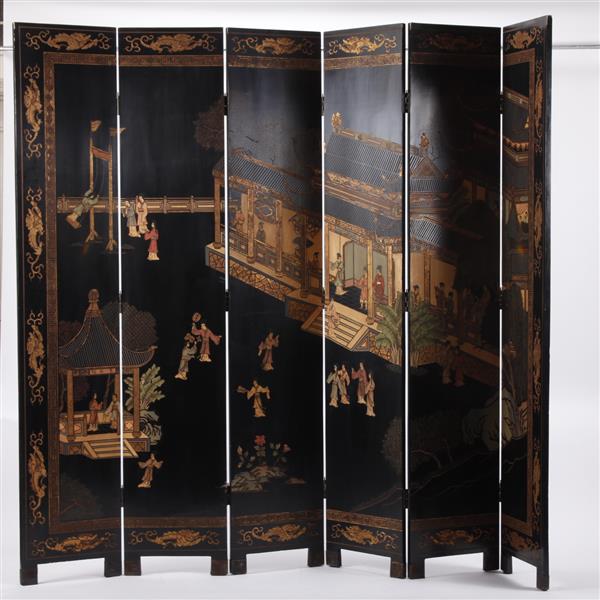 Appraisal: Six panel Chinese coromandel black lacquer scenic screen H '