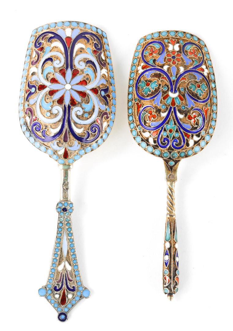 Appraisal: Two Russian cloisonne enamel sugar scoops Moscow standard longest- in