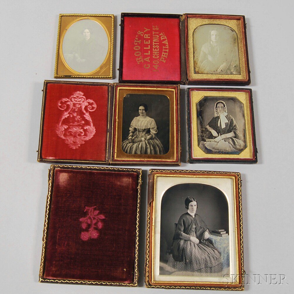 Appraisal: Half-plate and Four Quarter-plate Daguerreotype Portraits of Young Ladies the