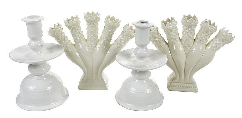 Appraisal: Pair Creamware Candlesticks and Posy Vases th century white glazed