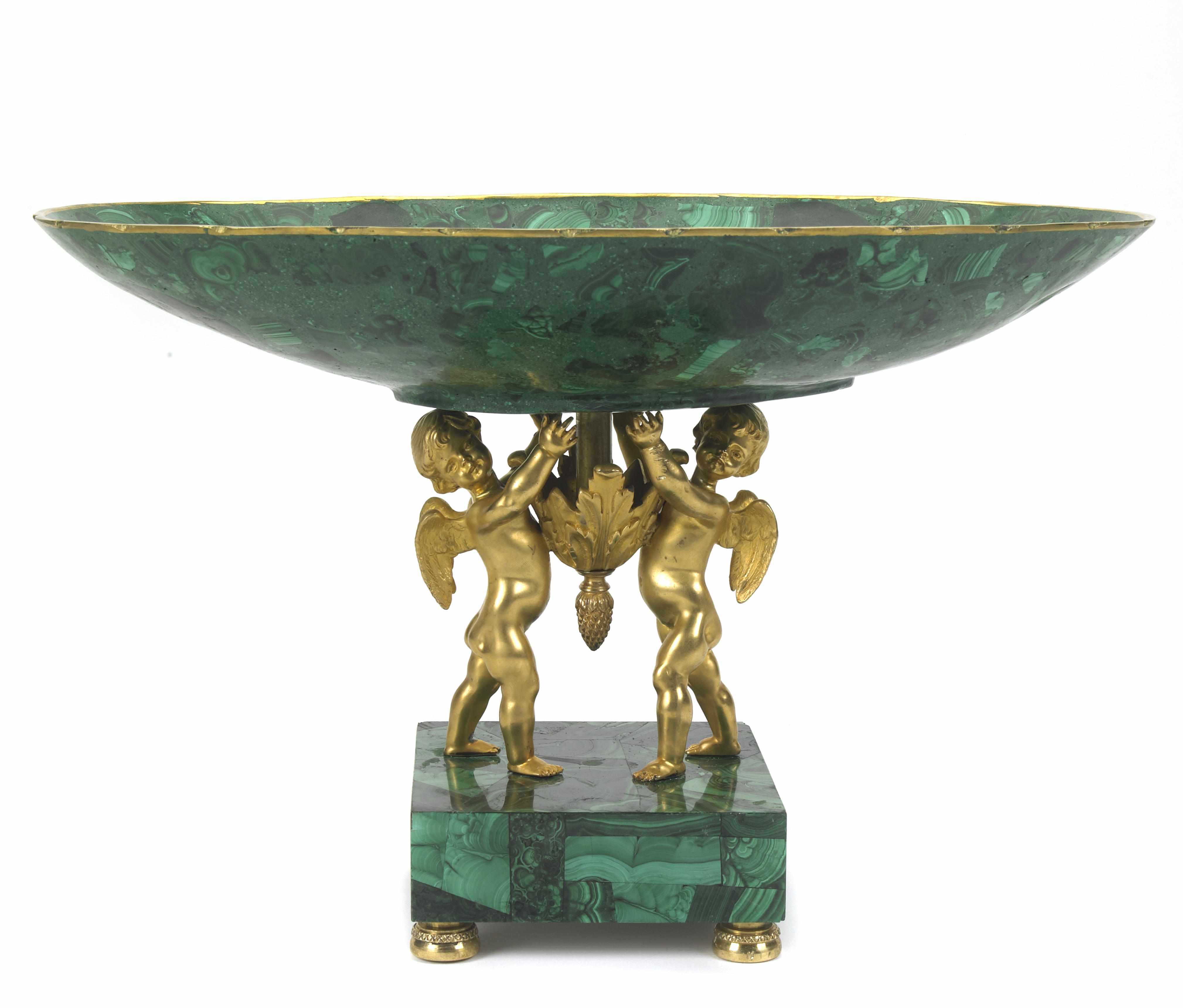 Appraisal: A Neoclassical style gilt bronze mounted malachite compote height in