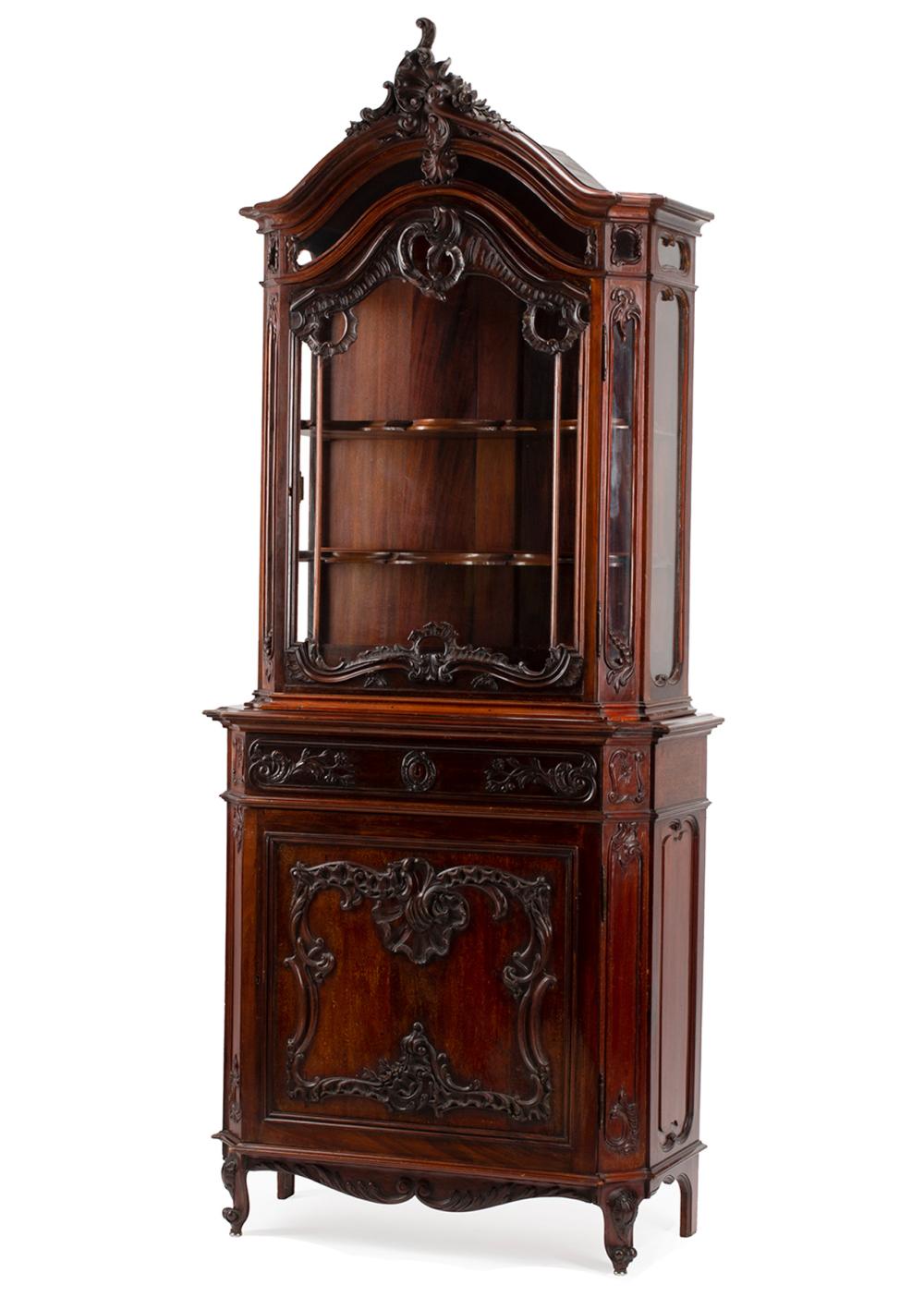 Appraisal: Antique French Rococo-Style Carved Mahogany Vitrine Cabinet acanthine crest arched