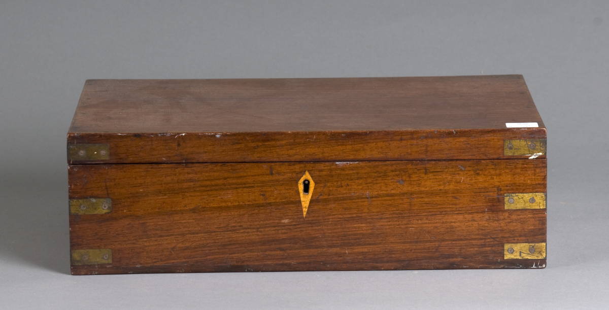 Appraisal: BRASS-BOUND INLAID TEAK CAMPAIGN BOX With inlaid diamond escutcheon Height