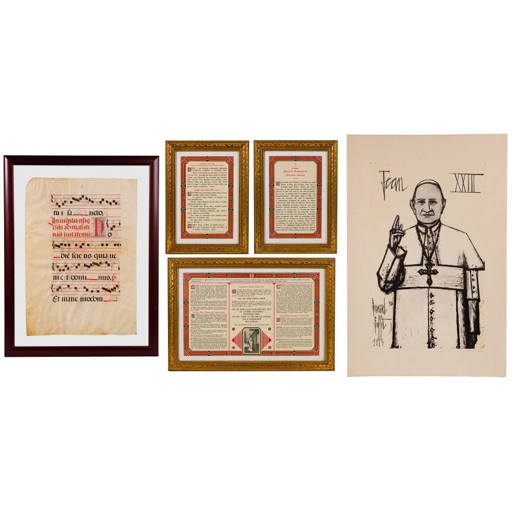 Appraisal: RELIGIOUS FRAMED ITEM ASSORTMENT items including an antiphonal music manuscript