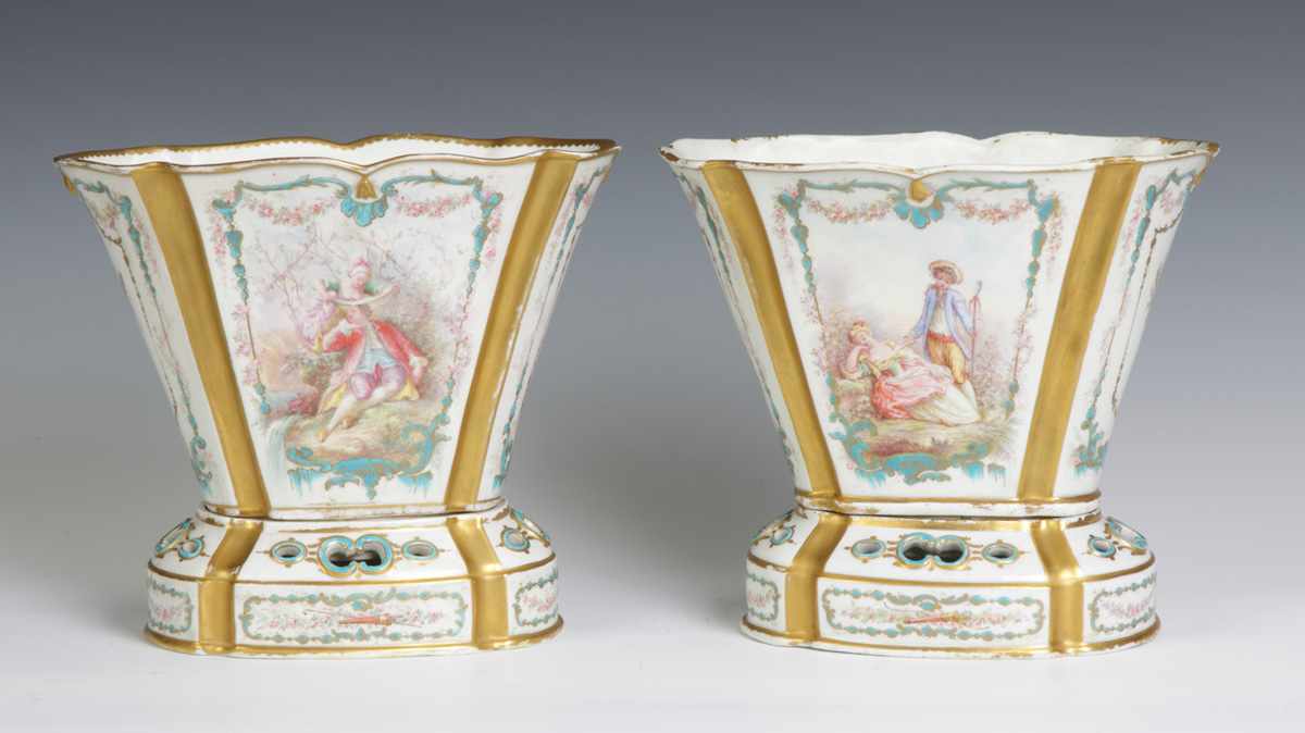 Appraisal: Sevres Porcelain Cache Pots with Flower Frogs Mid th cent