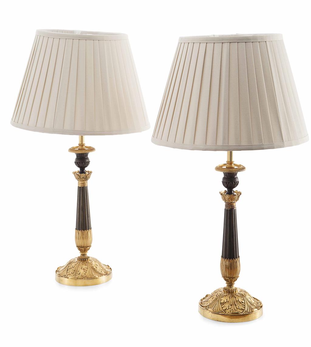 Appraisal: PAIR OF RESTAURATION PATINATED AND GILT BRONZE LAMPS TH CENTURY