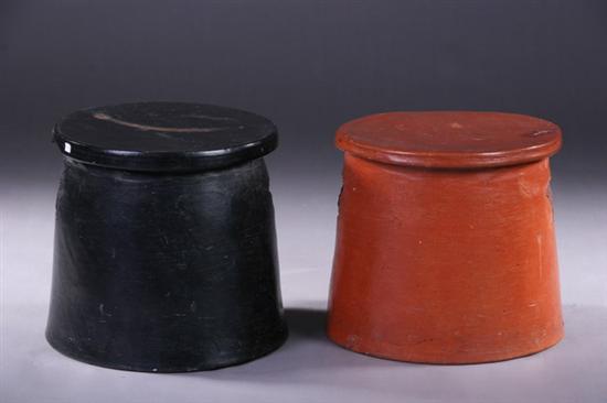 Appraisal: TWO JAPANESE STUDIO POTTERY STOOLS One with black enamel the