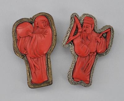 Appraisal: Two Antique Carved Cinnabar Figures Fitted as Dress Clips Each