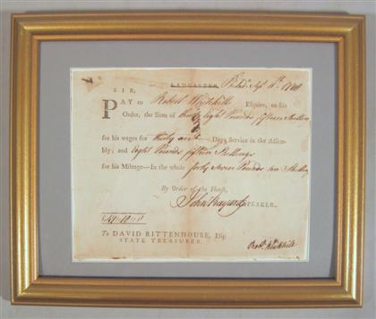 Appraisal: piece Rittenhouse David Partly printed document filled-in in ms signed